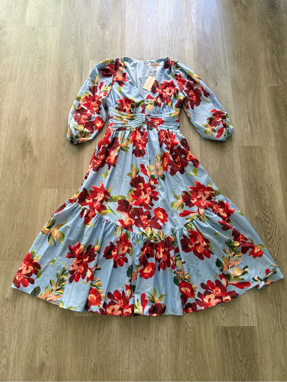 hutch cassy blue & red floral print pleated v-neck midi dress size smal NEW
